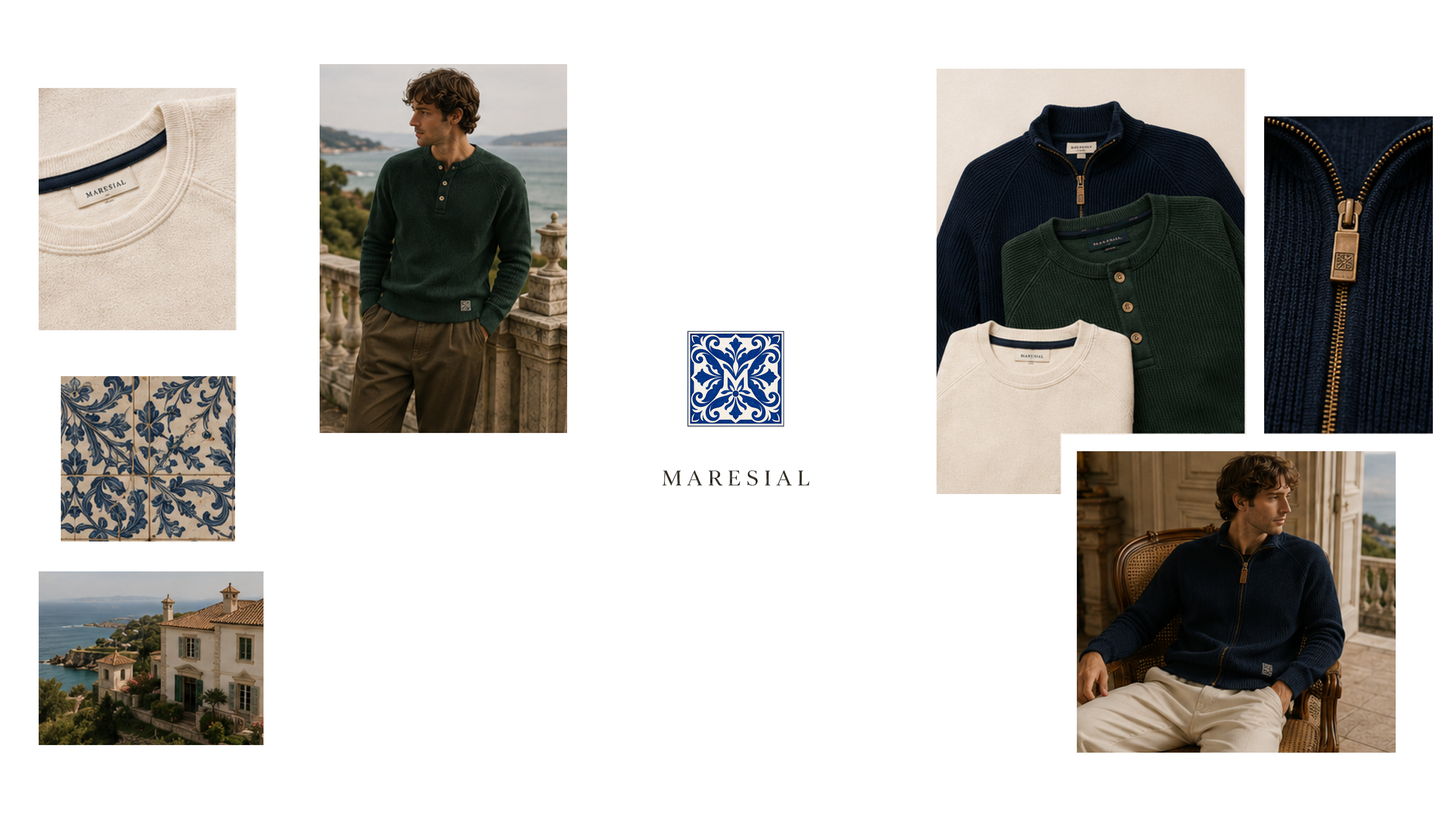 Maresial brand moodboard — garment details, Portuguese azulejo tiles, coastal villa, and lookbook photography